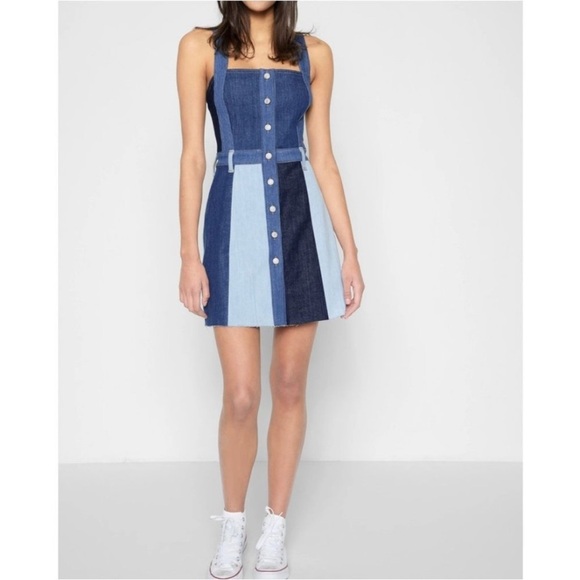 7 For All Mankind Patchwork A Line Button Front Mini Dress In Patchwork Found - Picture 1 of 9